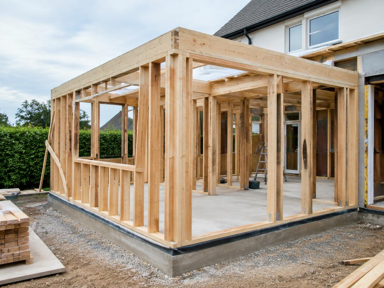 Extension de maison en ossature bois en cours de montage près de Bordeaux