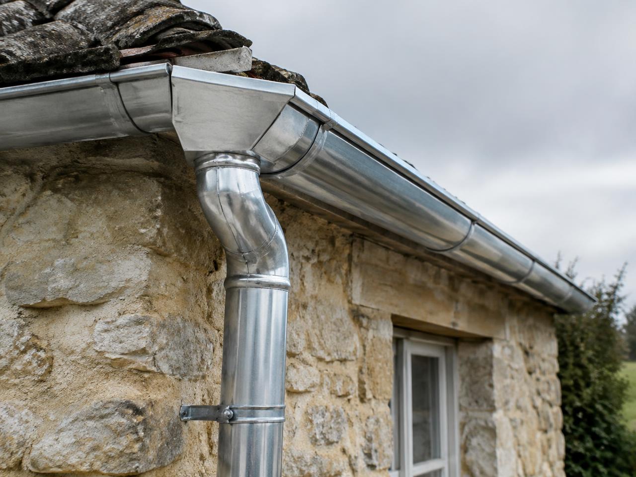 Gouttière et descente d'eau pluviale en zinc posées sur une maison girondine